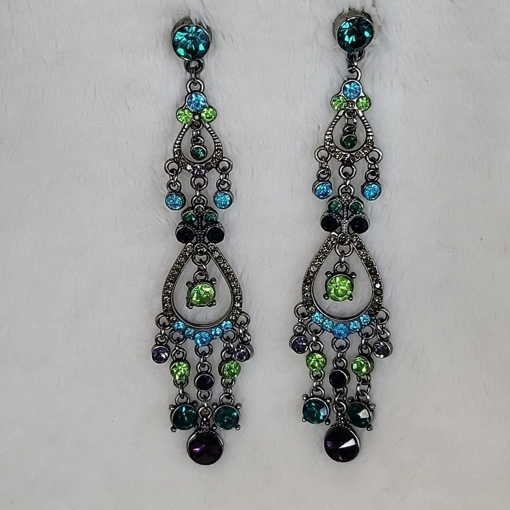 Dangly Blue, Green, Turquoise, Purple Post Back Earrings 4.25" Long